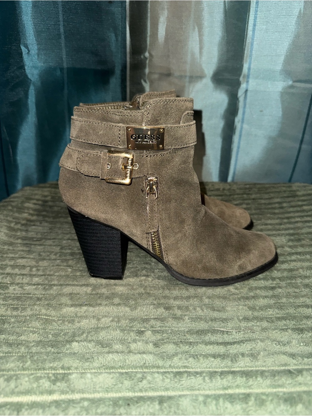 GUESS Olive Taupe Suede Buckle Ankle Booties